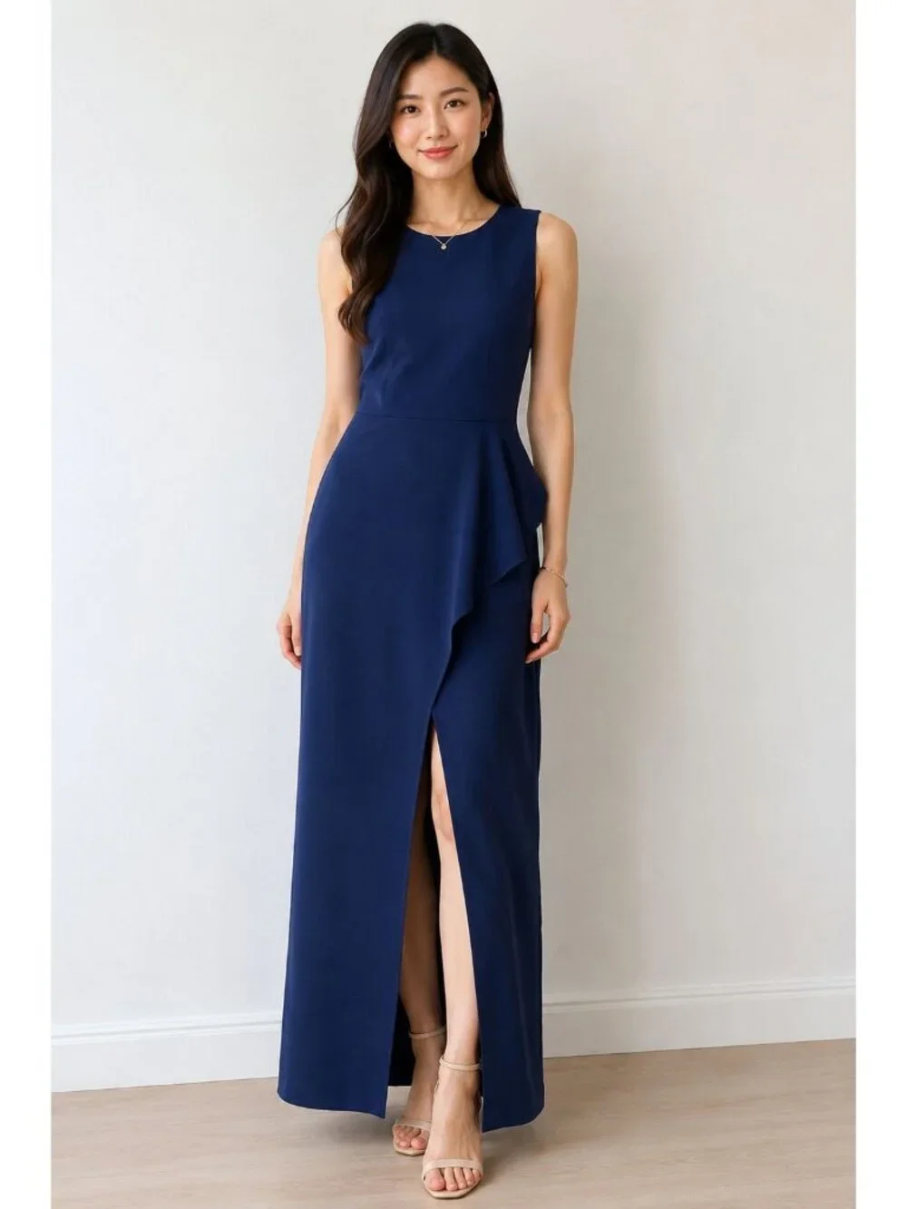 NWT $2995 Michael Kors Asymmetrical Ruffle Cascading Crepe Gown Navy Size 8